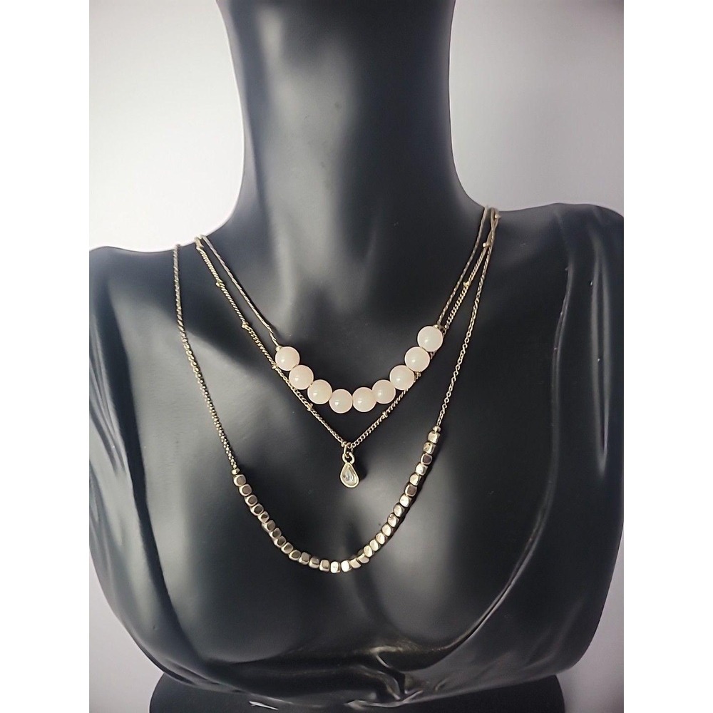 Vintage Two Tone Multi Strand Chain Pink Beaded Teardrop Pendant Necklace 16 In